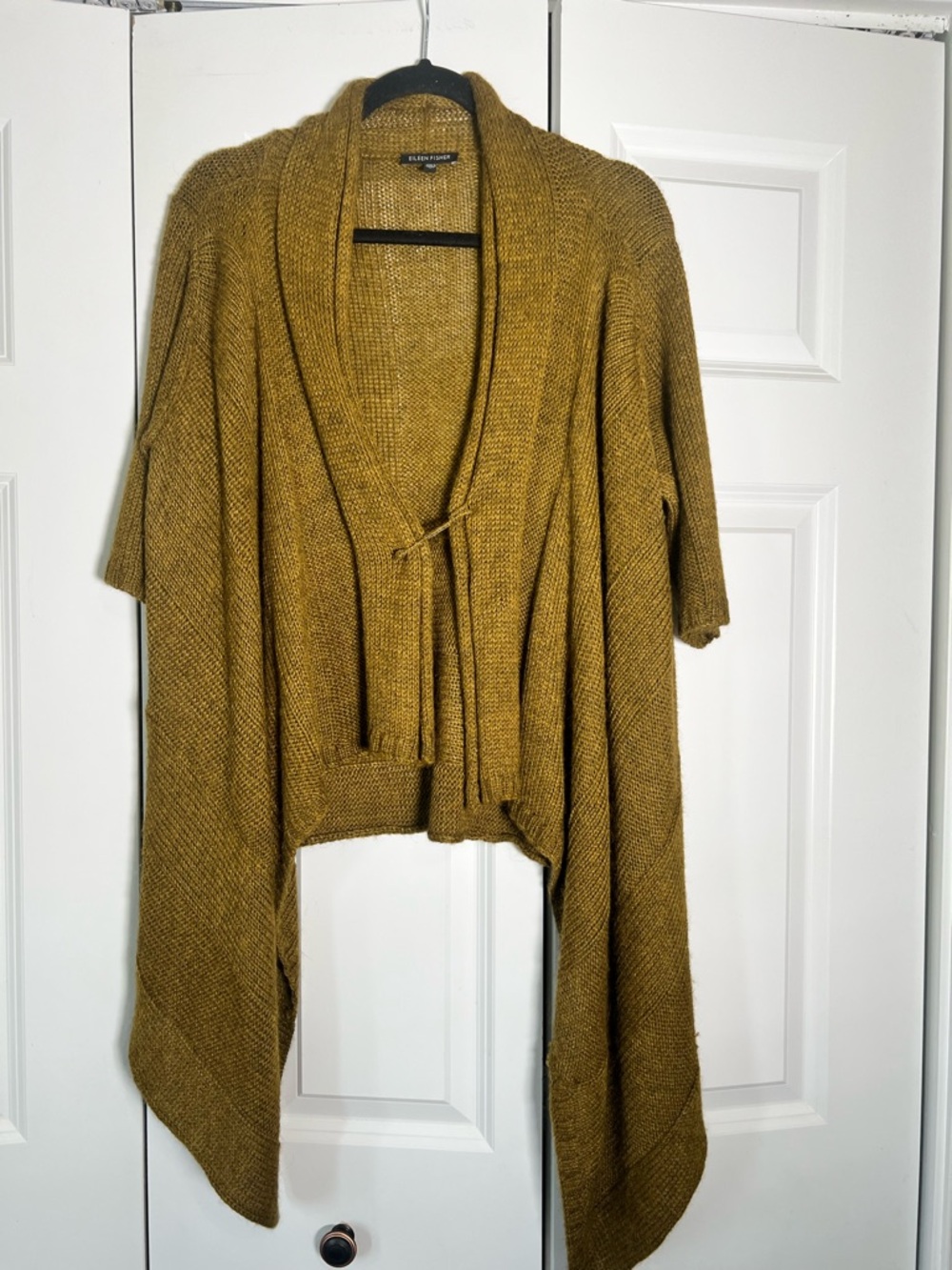 Eileen Fisher Moss Green Open Drape Cardigan with safety pin closure